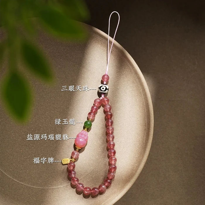 Strawberry Quartz crystal phone charm for joy and creativity, Crystalvana