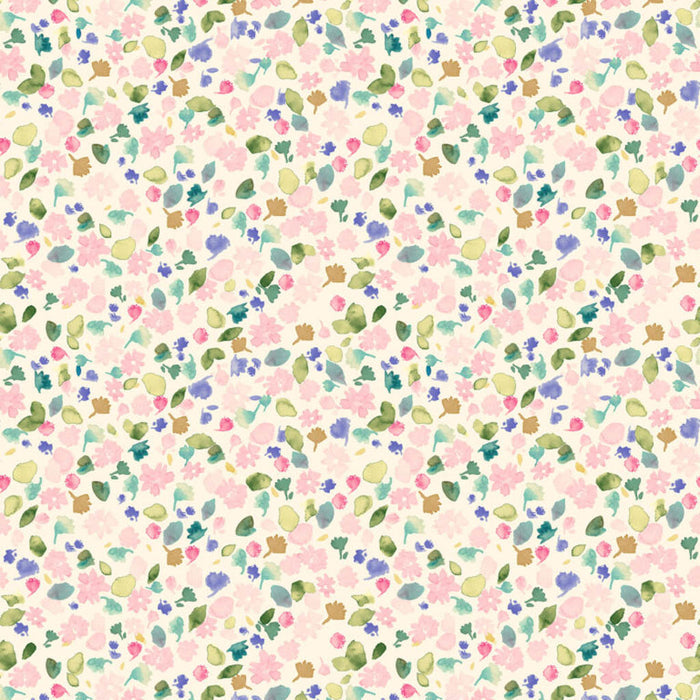 Pattern of small flowers and leaves on a light pink cotton quilting fabric