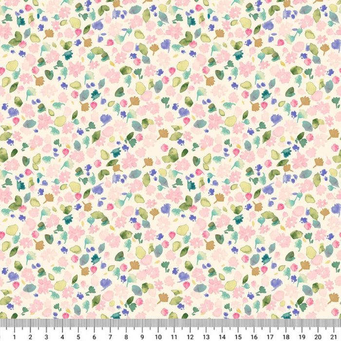 Floral pattern fabric with small flowers and leaves on a light pink background, ruler at the bottom.