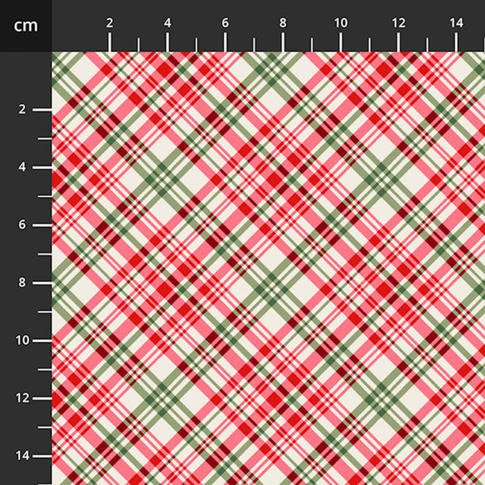 Plaid pattern fabric with red, green, and white colors on a scale background.