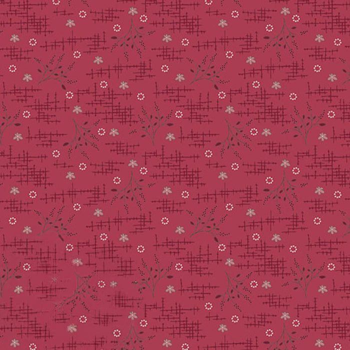 Red cotton quilting fabric with black and white floral pattern
