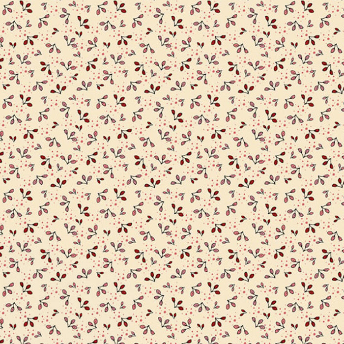 Pattern of small red and brown flowers on a beige cotton quilting fabric