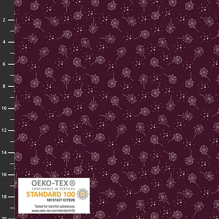Fabric with floral pattern on a dark red background, featuring OEKO-TEX certification label.