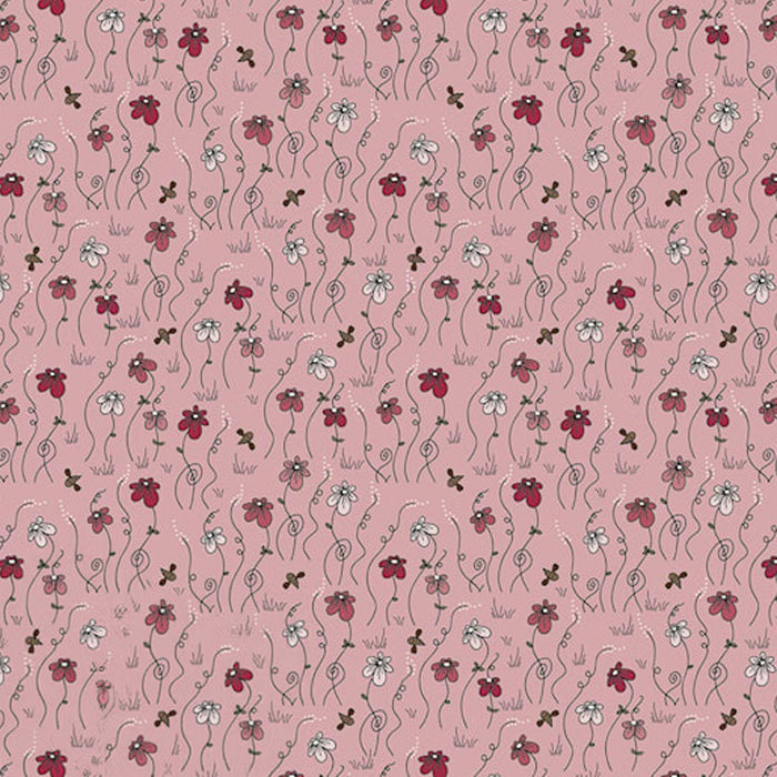 Floral pattern with red, white, and black flowers on a pink cotton quilting fabric