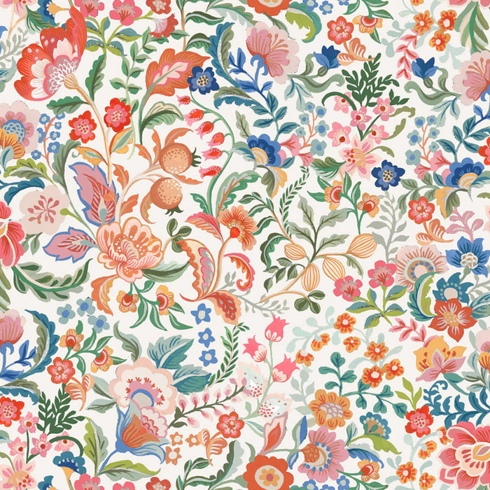 Colorful floral pattern on a white cotton quilting fabric