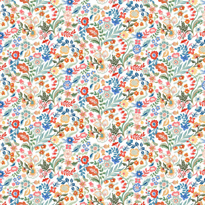 Colorful floral pattern on a white cotton quilting fabric
