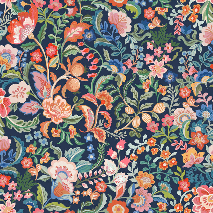 Colorful floral pattern on a dark blue cotton quilting fabric