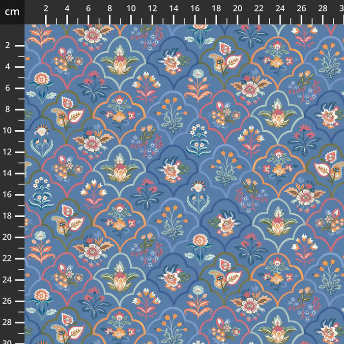 Floral patterned fabric swatch on a ruler background