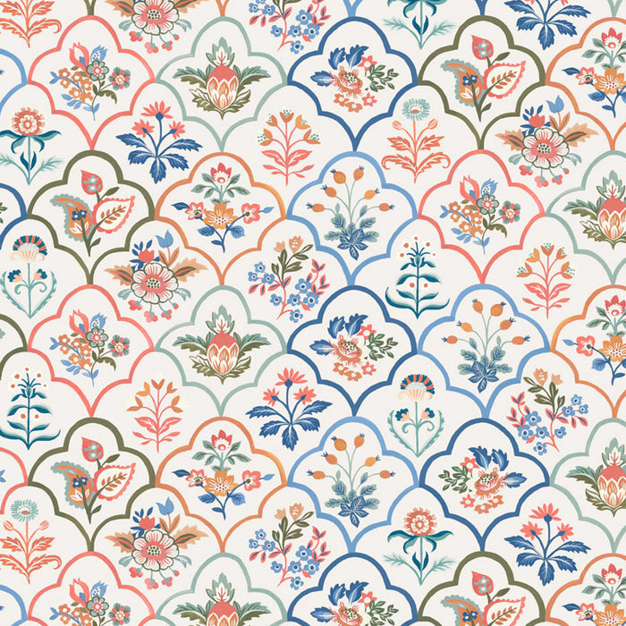 Decorative floral pattern with colorful flowers on a white cotton quilting fabric