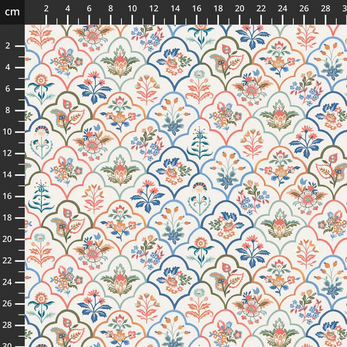 Floral patterned fabric with a ruler for scale on a white background