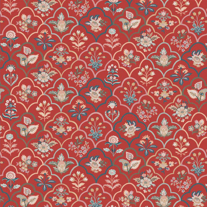 Decorative floral pattern on a red background