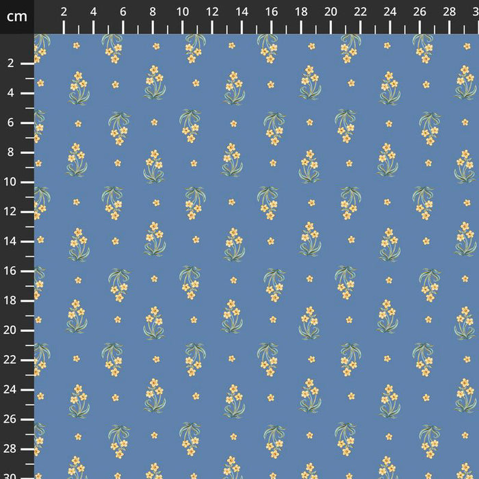 Fabric with small floral pattern on a blue background, measured in centimeters.