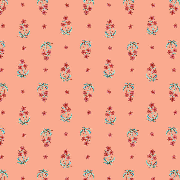 Pattern of small flowers on a peach cotton quilting fabric