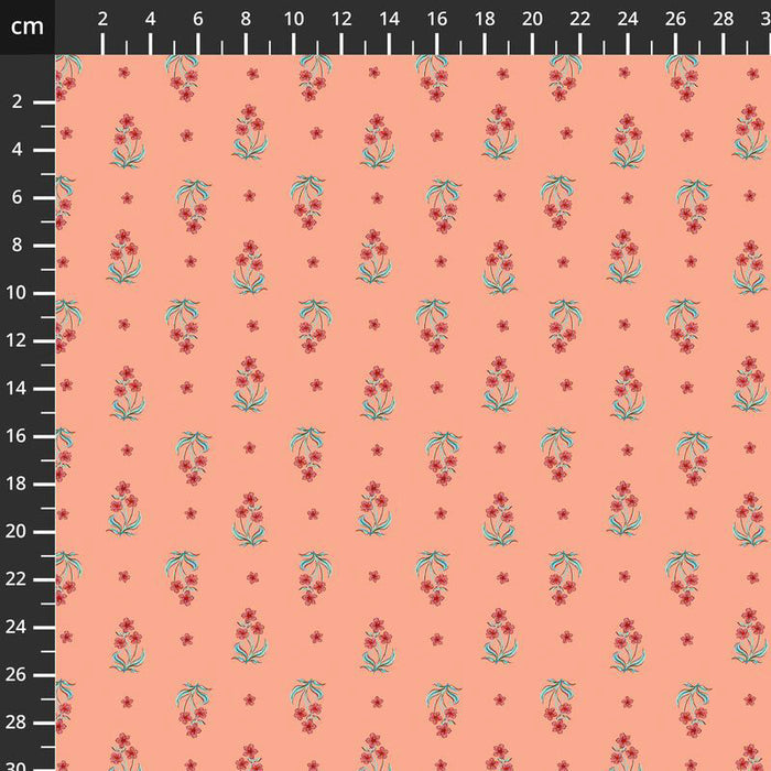 Fabric with floral pattern on a pink background, measured in centimeters.