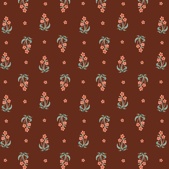 Small floral pattern on a brown cotton quilting fabric