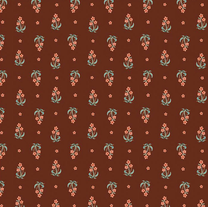 Small floral pattern on a brown cotton quilting fabric