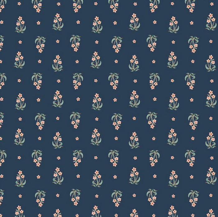 Small floral pattern on a dark blue cotton quilting fabric