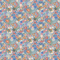 Pattern of colorful flowers on a blue cotton quilting fabric