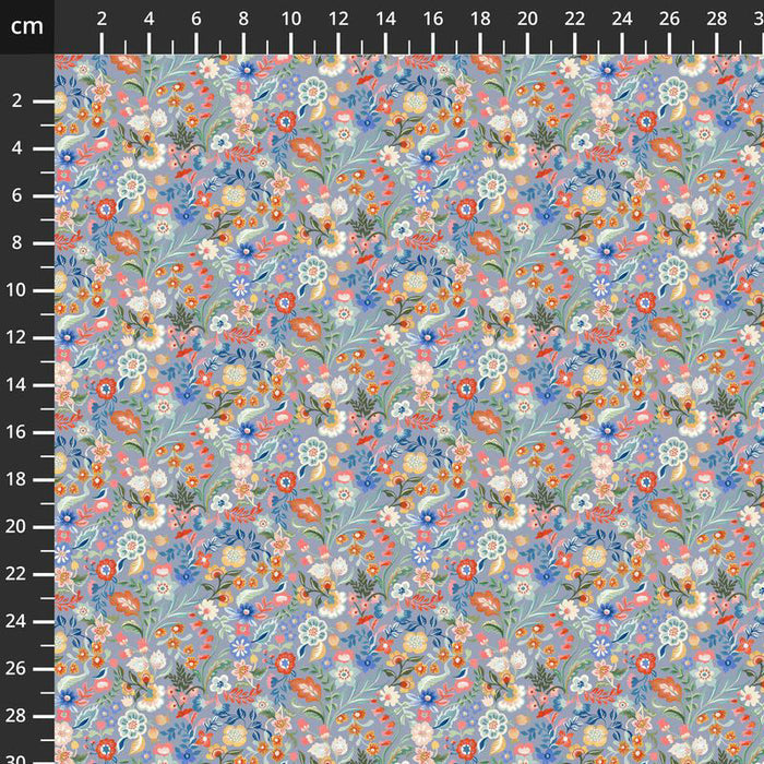 Floral patterned fabric with a ruler for scale on the side