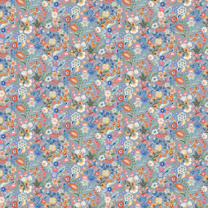 Floral pattern with small flowers in various colors on a blue background