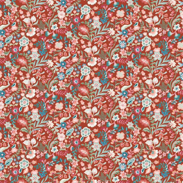 Patterned fabric with floral design on a red cotton quilting fabric