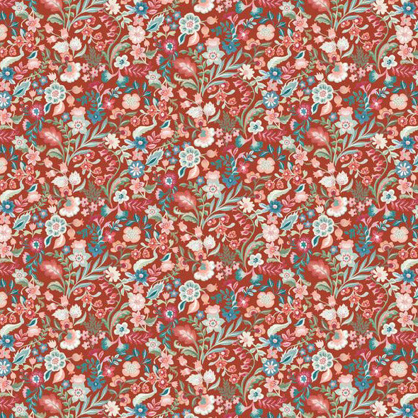Patterned fabric with floral design on a red cotton quilting fabric