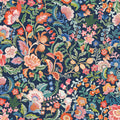 Colorful floral pattern on a dark blue cotton quilting fabric