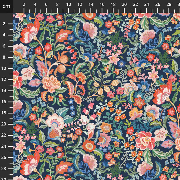 Floral fabric pattern with a ruler at the top for scale on a navy background