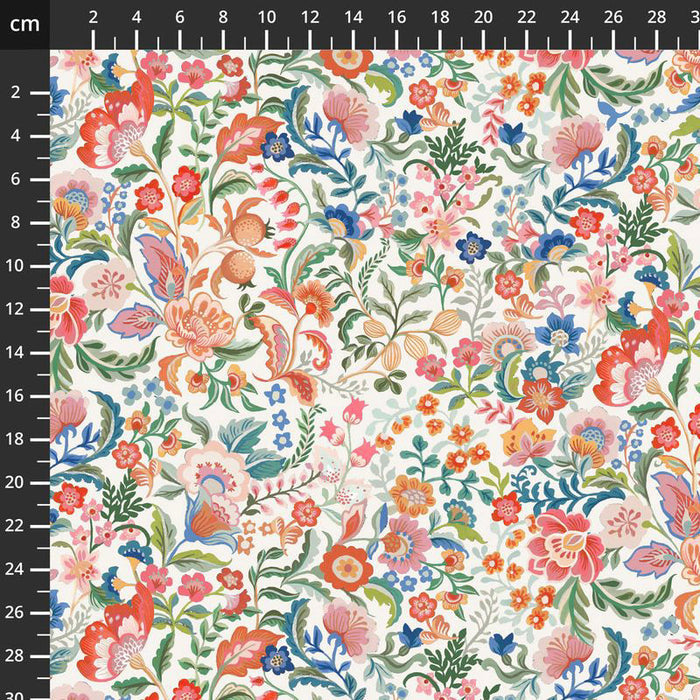 Colorful floral patterned fabric with a ruler on the side