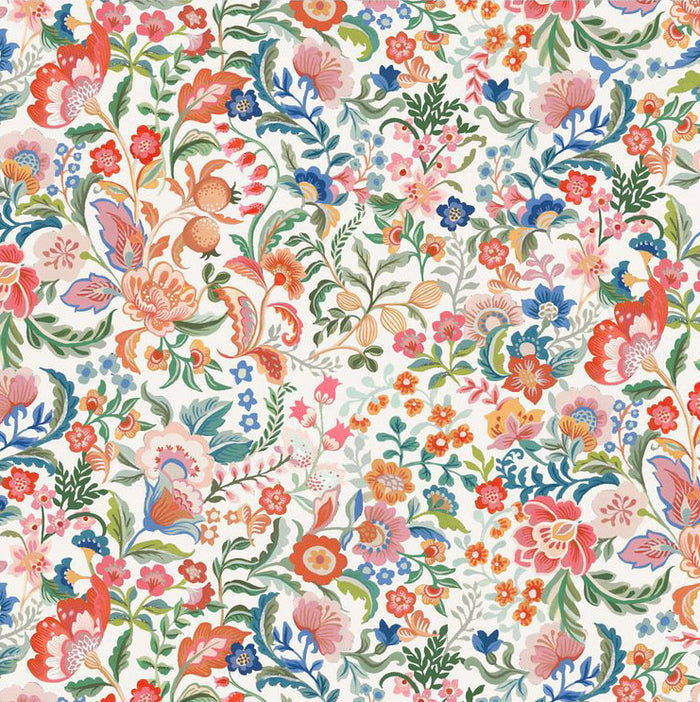 Colorful floral pattern with various flowers and leaves on a white background