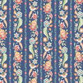 Floral pattern with colorful flowers and leaves on a blue cotton quilting fabric