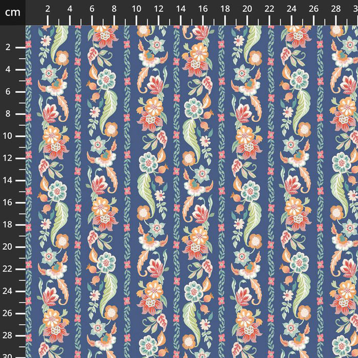 Floral and leaf pattern on a blue background with measurement scale