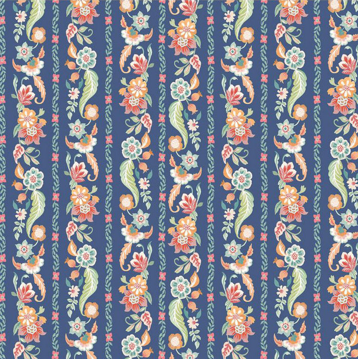 Patterned fabric with floral and leaf designs on a blue background
