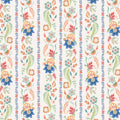 Colorful floral pattern with vertical stripes on a white cotton quilting fabric
