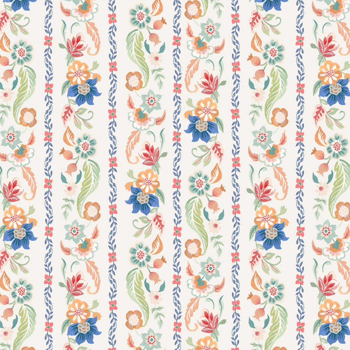 Colorful floral pattern with vertical stripes on a white cotton quilting fabric