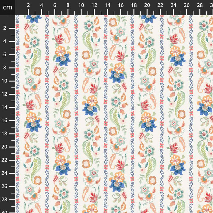 Floral patterned fabric with a ruler on the side for scale.