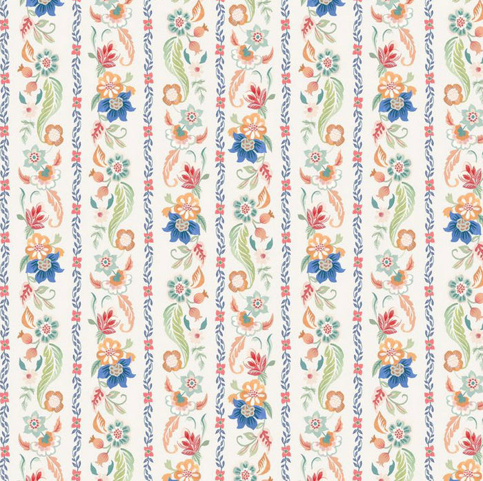 Patterned wallpaper with colorful floral and leaf designs on a white background