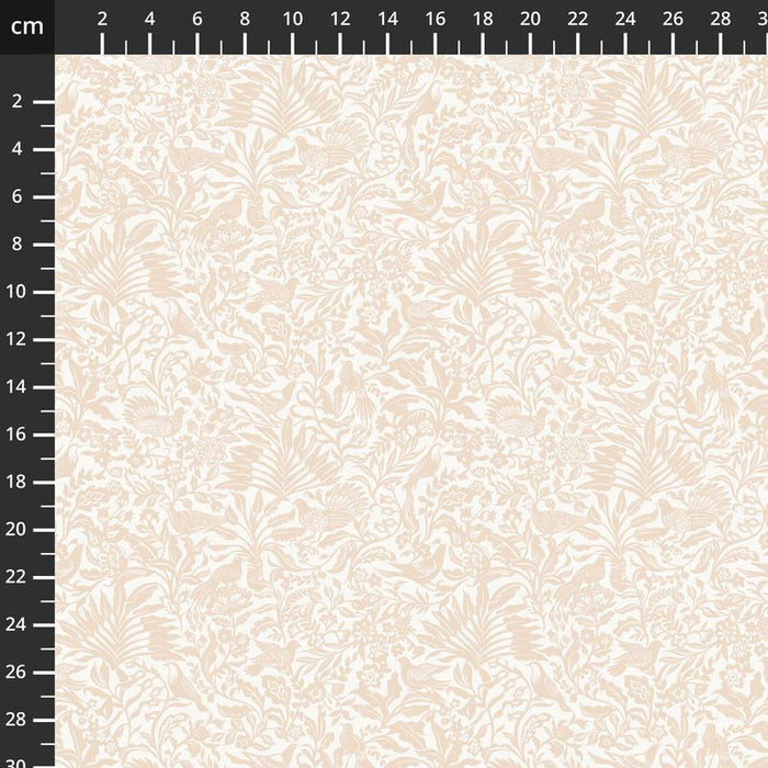 Beige fabric with a subtle pattern on a white background, measured in centimeters.