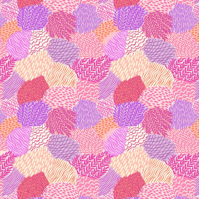 Pink and purple patchwork printed on a cotton quilting fabric