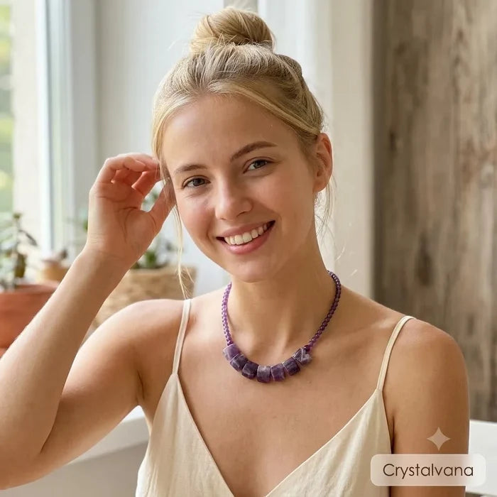Model wearing natural amethyst choker necklace with coffee mug at window lifestyle, Crystalvana
