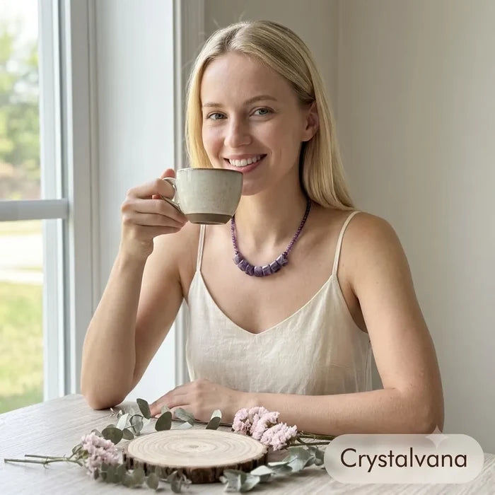 Smiling blonde model wearing amethyst choker necklace with top knot hairstyle, Crystalvana