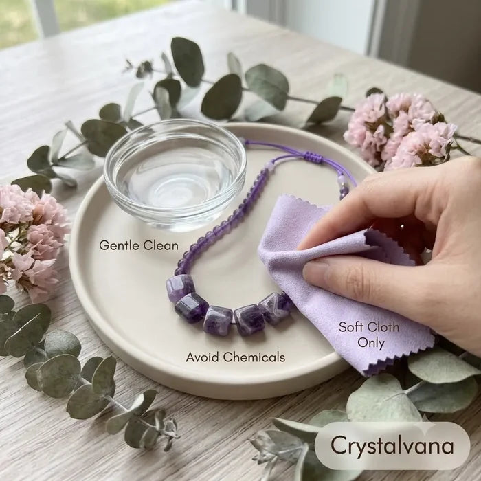 Natural amethyst choker necklace gift box unboxing beige pink lifestyle, Crystalvana