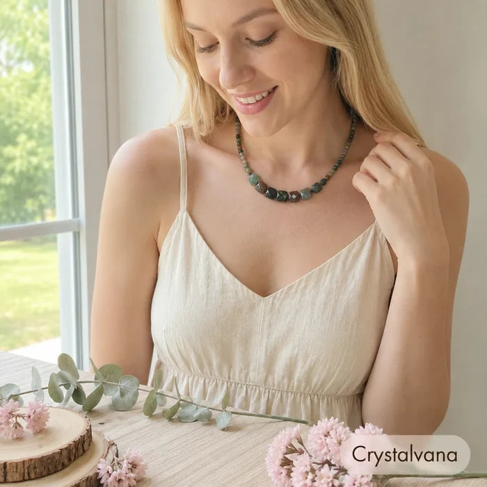 Natural bloodstone choker necklace in beige gift box display, Crystalvana