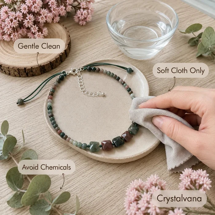 Model smiling wearing bloodstone choker necklace hand on hair, Crystalvana