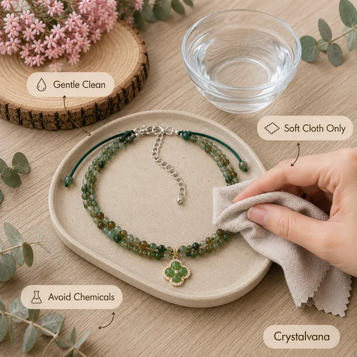 Green agate choker flat lay on wood slice showing 4-leaf clover pendant detail, Crystalvana