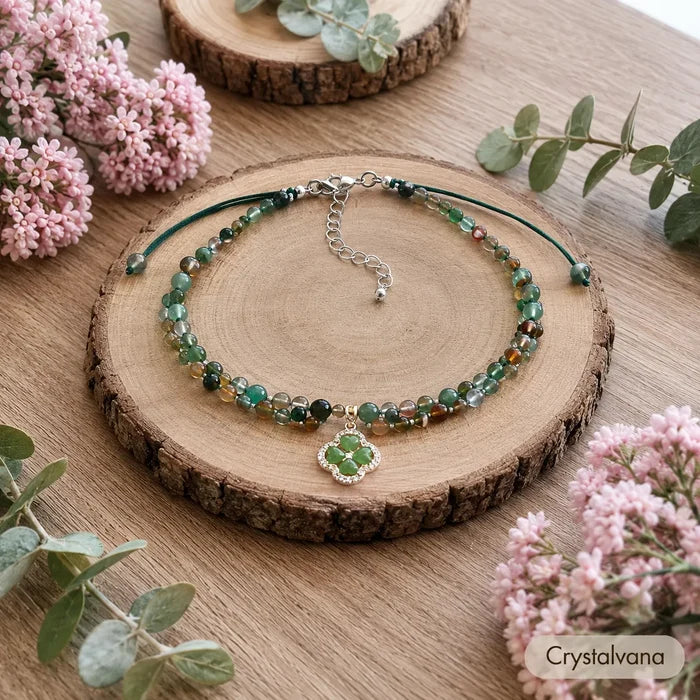 Natural green agate scar cover necklace in gift box with clover pendant display, Crystalvana
