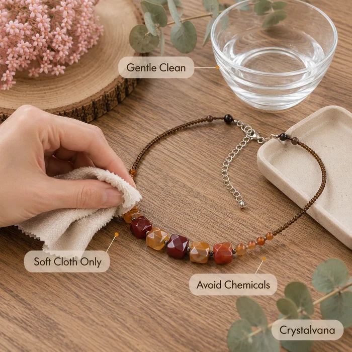 Model wearing red agate thyroid scar cover choker necklace soft smile, Crystalvana