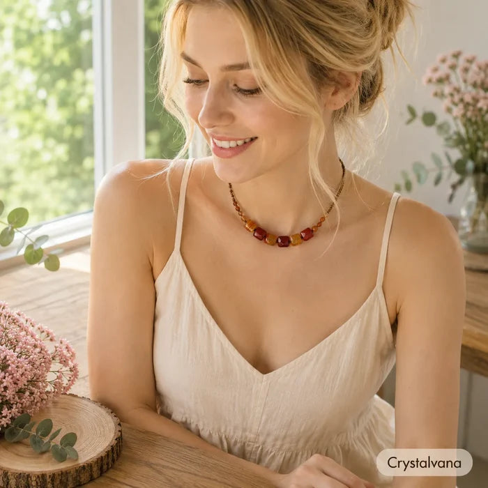 Natural red agate scar cover necklace in beige gift box with braided cord, Crystalvana
