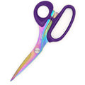 Scissors with purple handles and a rainbow blade on a white background