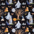 A repeating Halloween-themed pattern on a black cotton fabric, featuring white ghosts, orange pumpkins, bare trees, blue cats, tombstones, butterflies, brooms, potion bottles, and a full moon.
